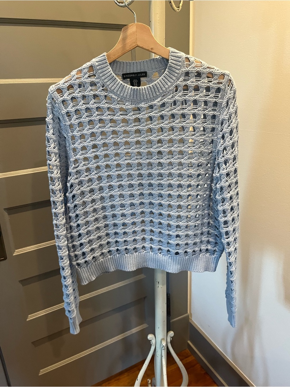 Sincerly Jules Light Blue Open-Weave Light Blue Crewneck Sweater